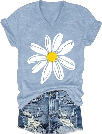 Womens V-Neck T-Shirt Flower Graphic Tees Summer Fashion Boho Tops Tshirts Loose Casual Wildflower Beach T Shirts